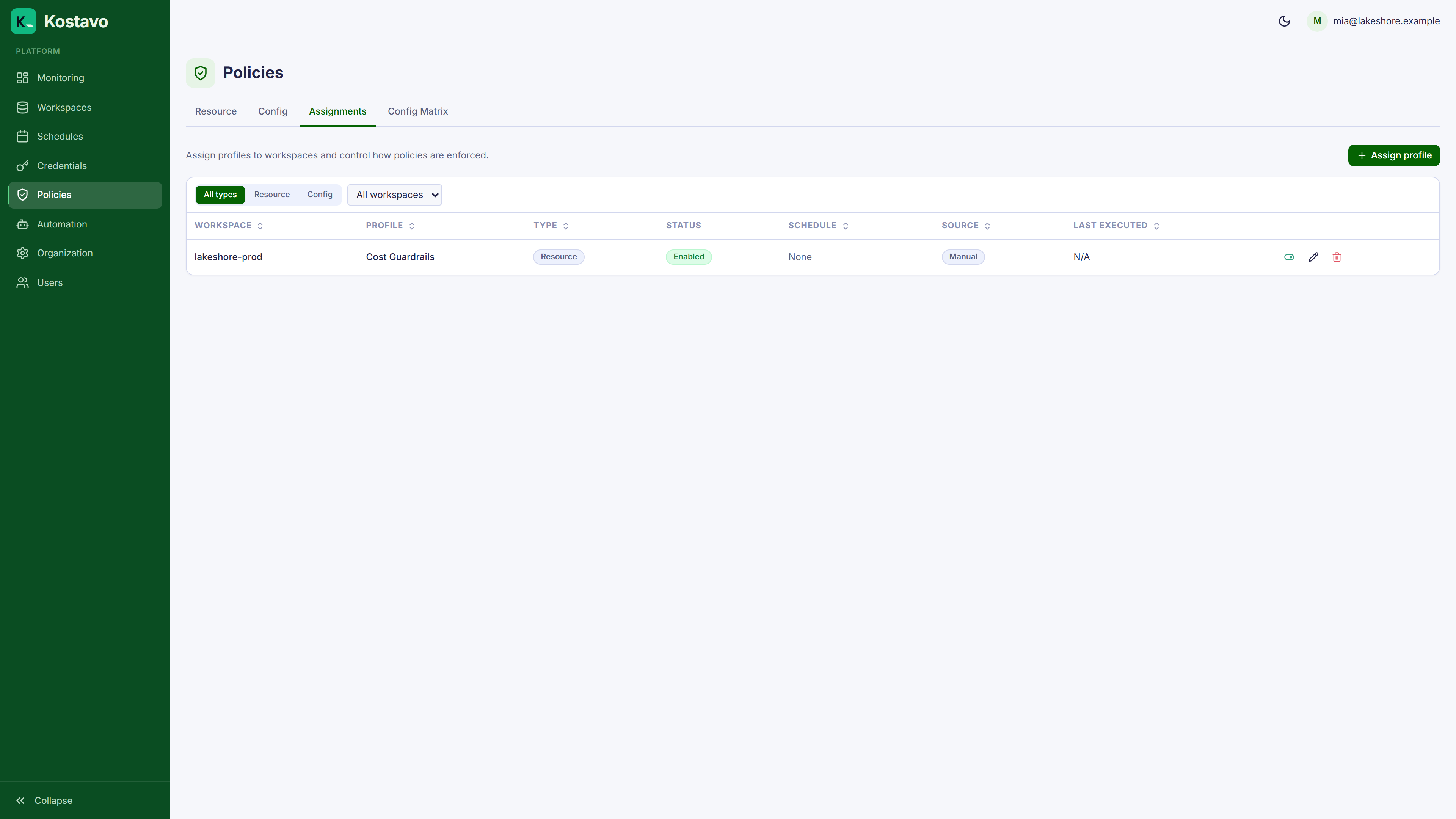 The assignments page linking the profile to the workspace