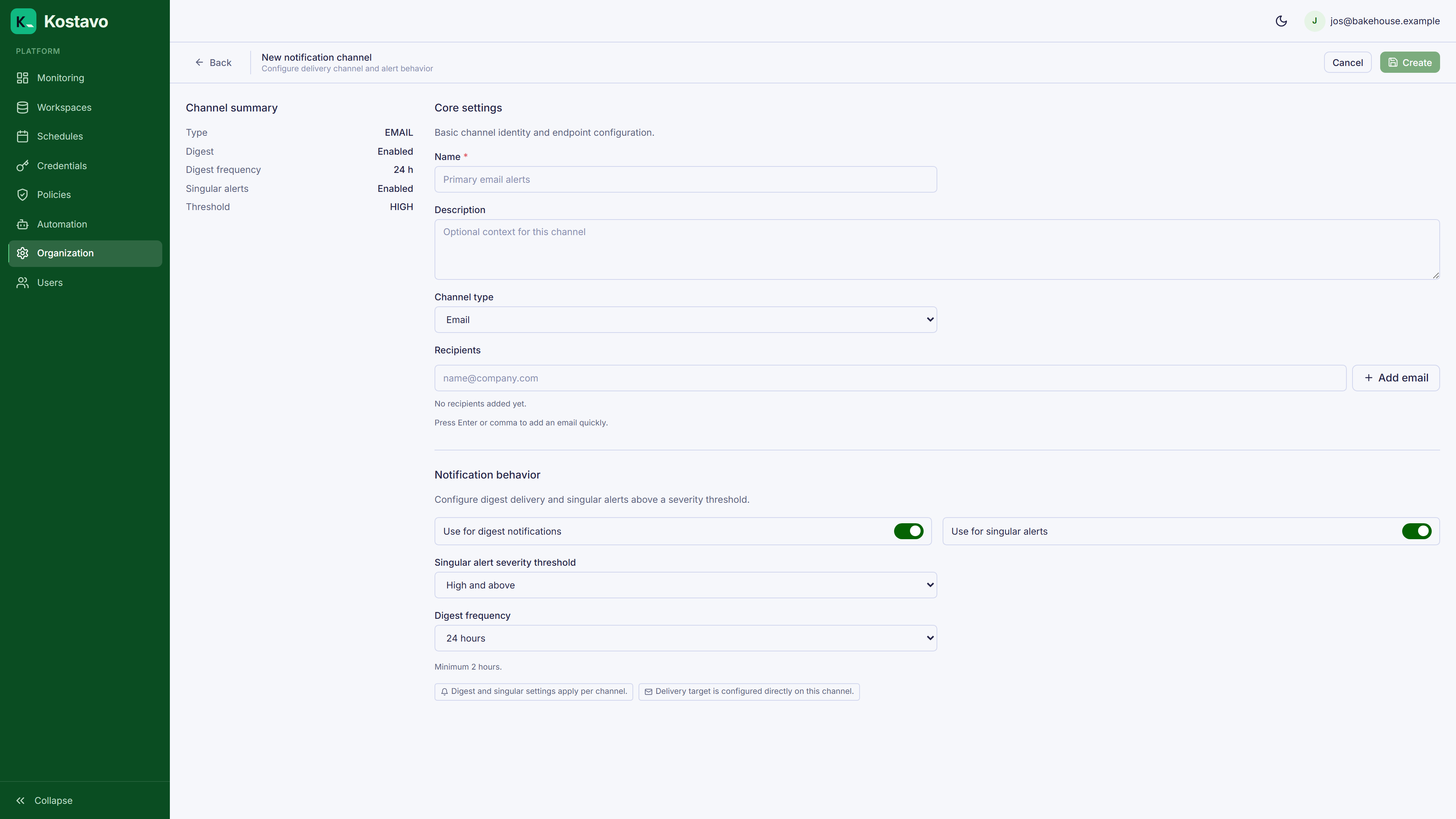 The notification channel editor with delivery settings