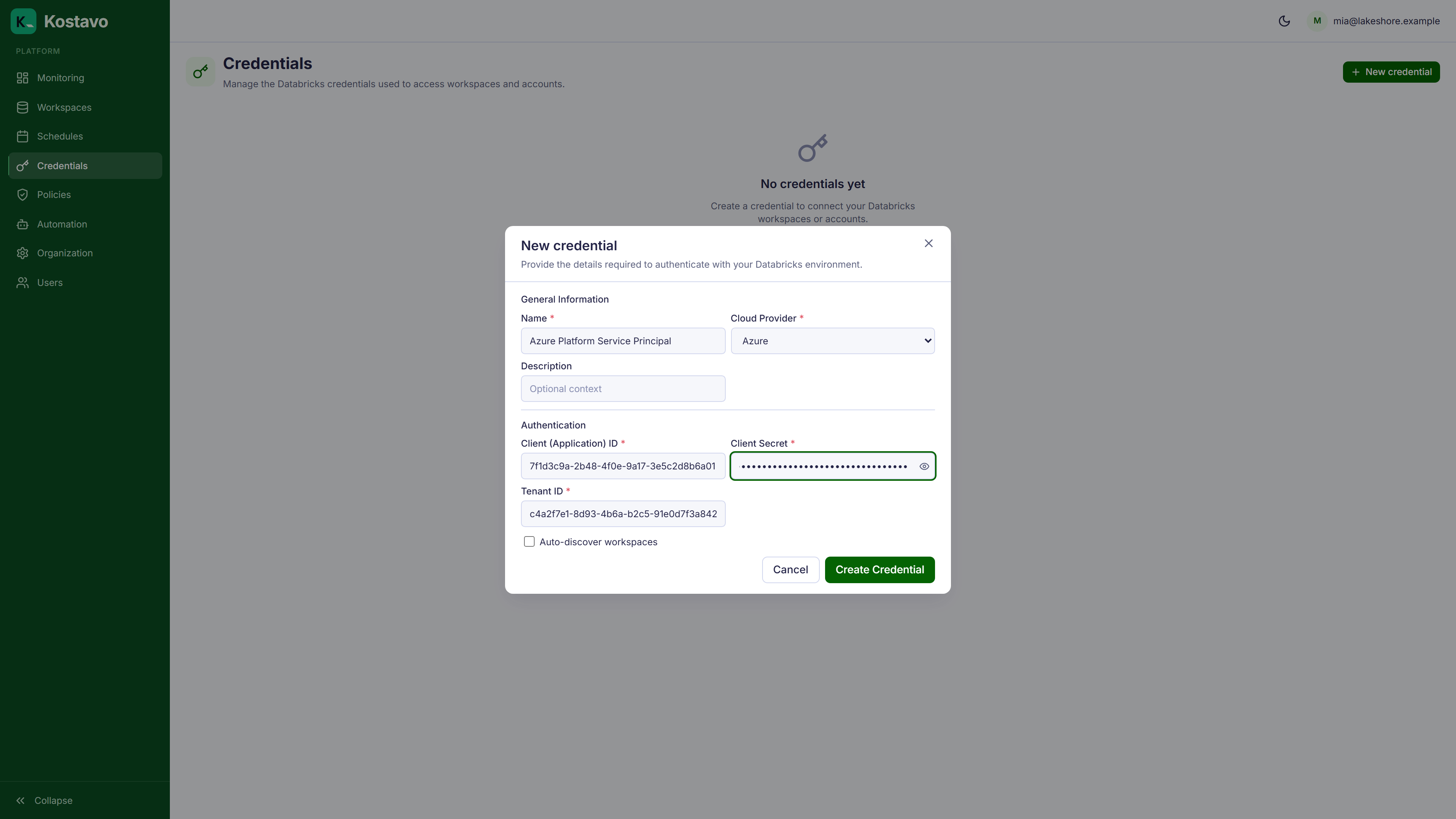 The new credential form filled with Azure service principal details