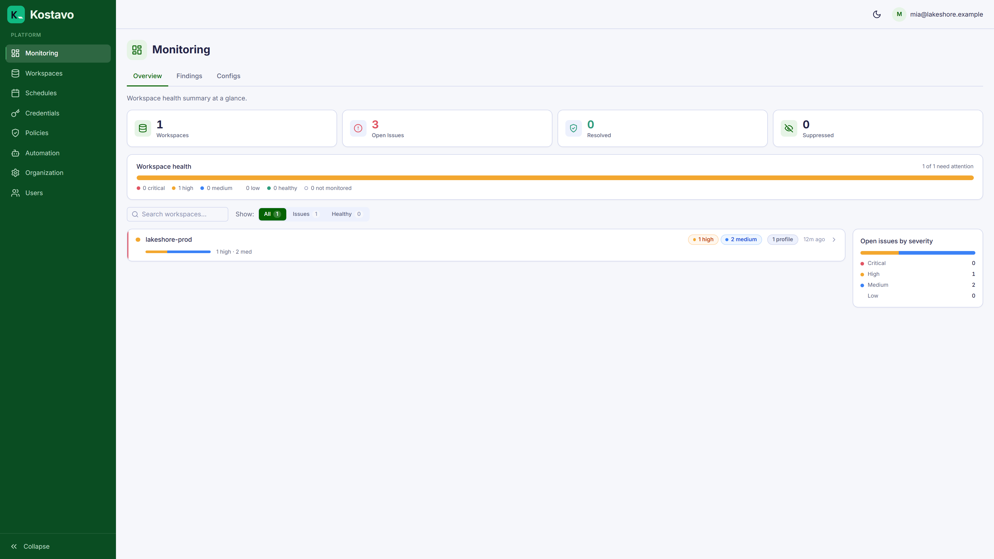The monitoring dashboard after the first scan