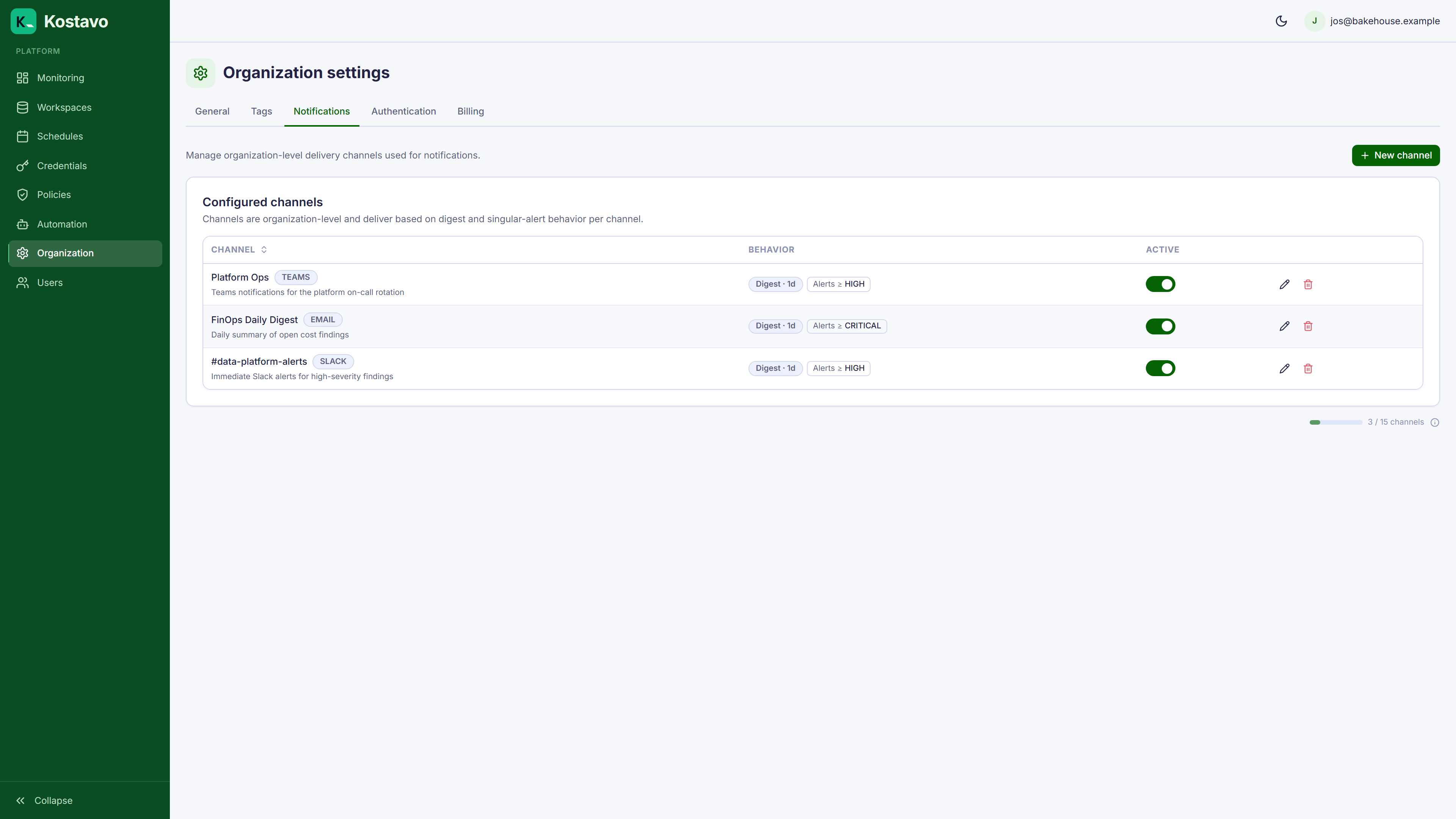 The notification channels page with Slack, Teams, and email channels