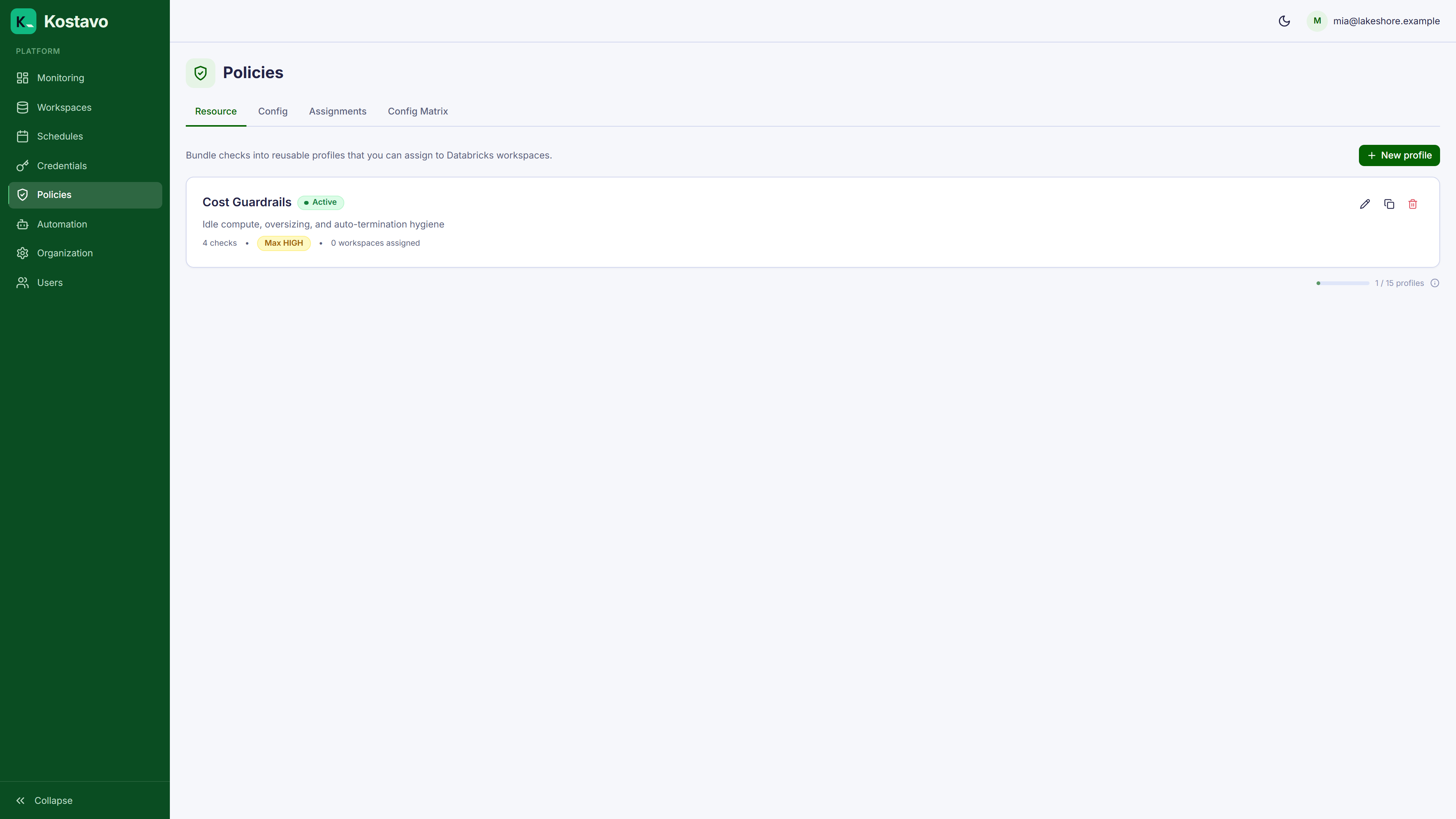 The resource profiles page with the first profile
