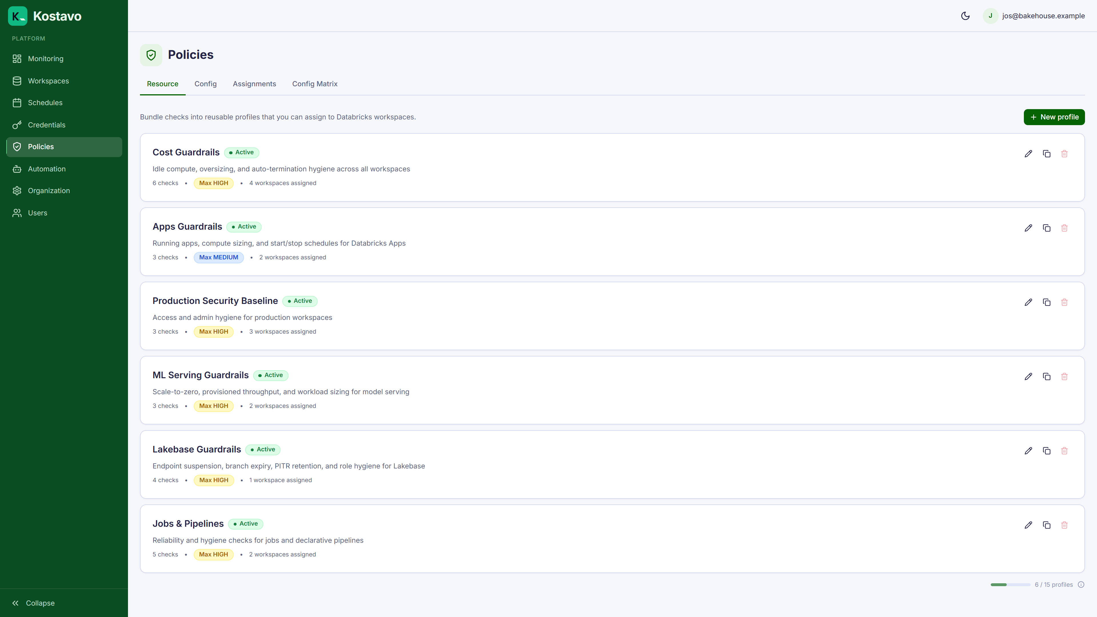 The resource profiles page listing profiles with their checks and assignments
