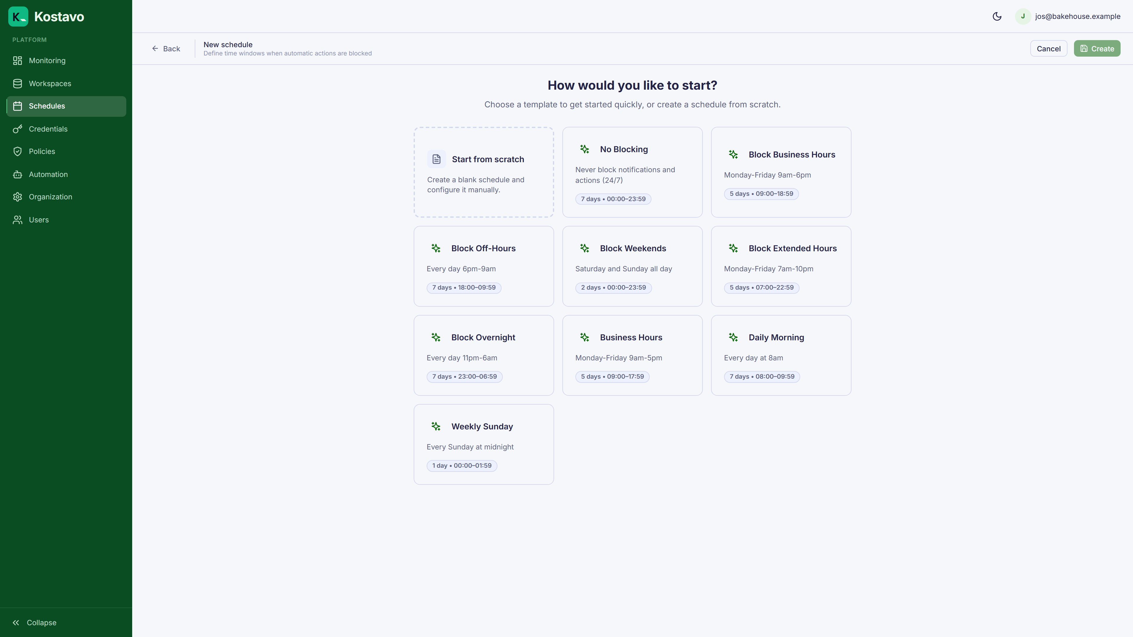 The schedule template picker shown when creating a new schedule