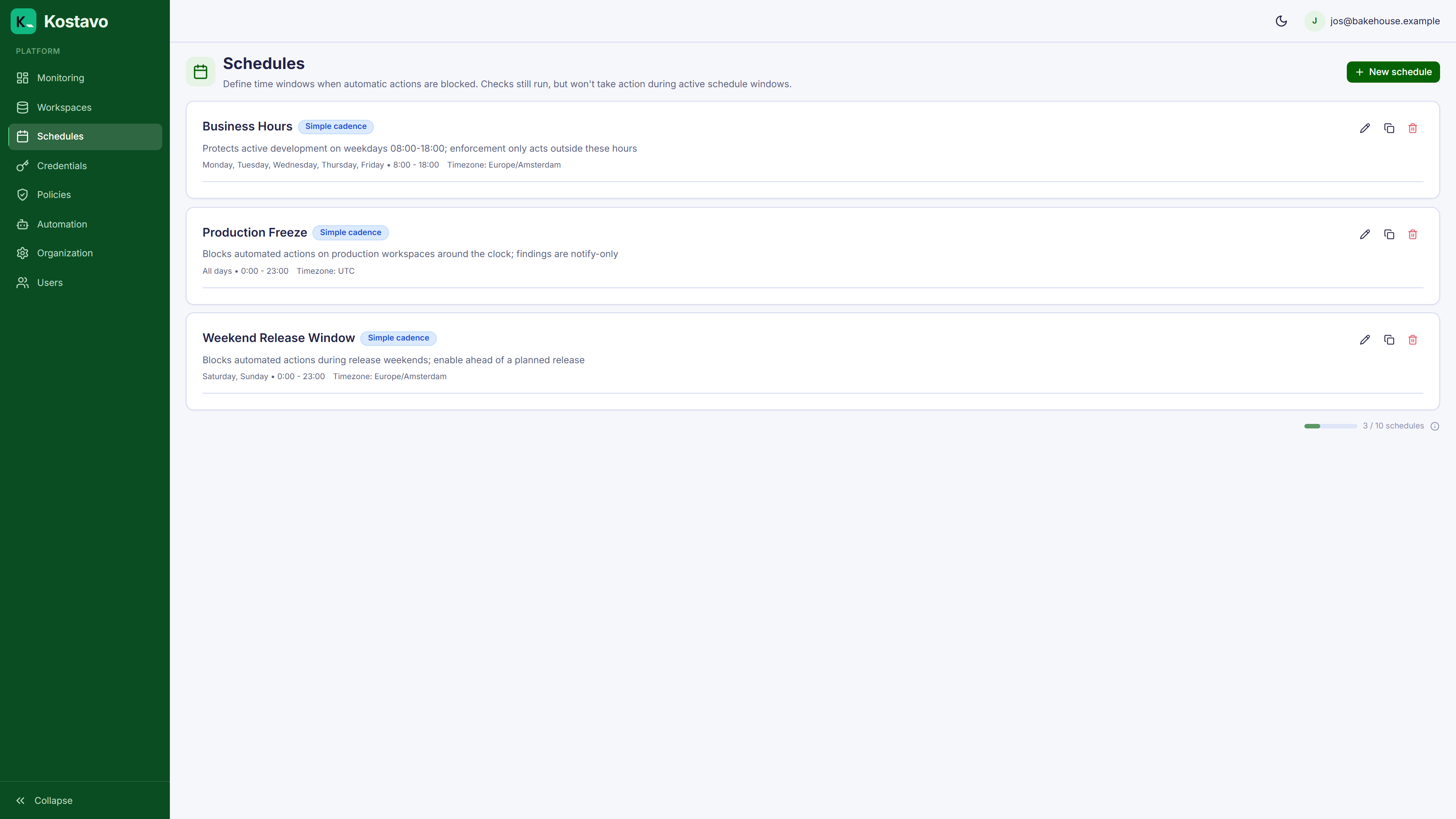 The schedules page with active and inactive protection windows