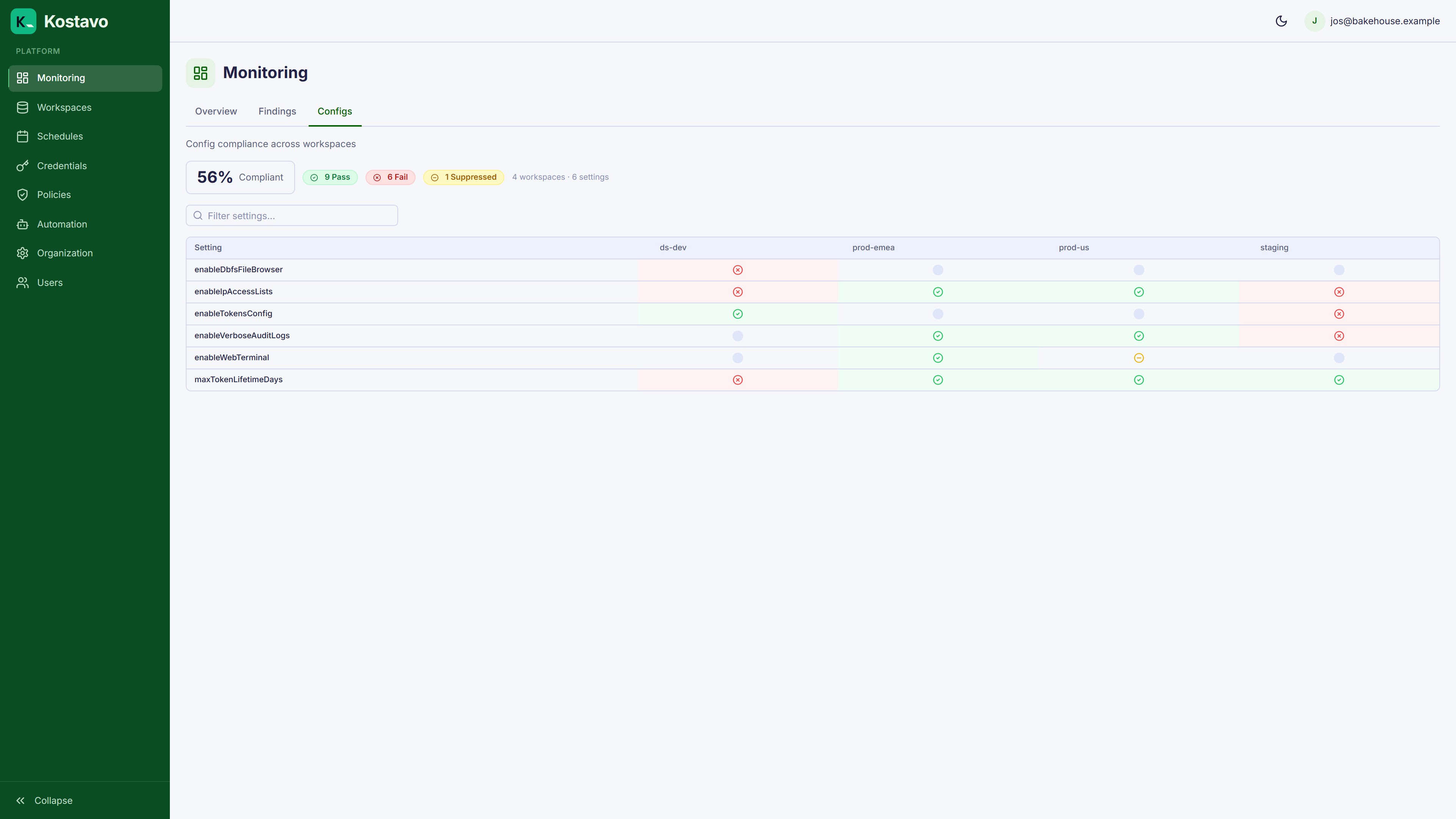 The settings compliance view comparing workspace settings against the baseline