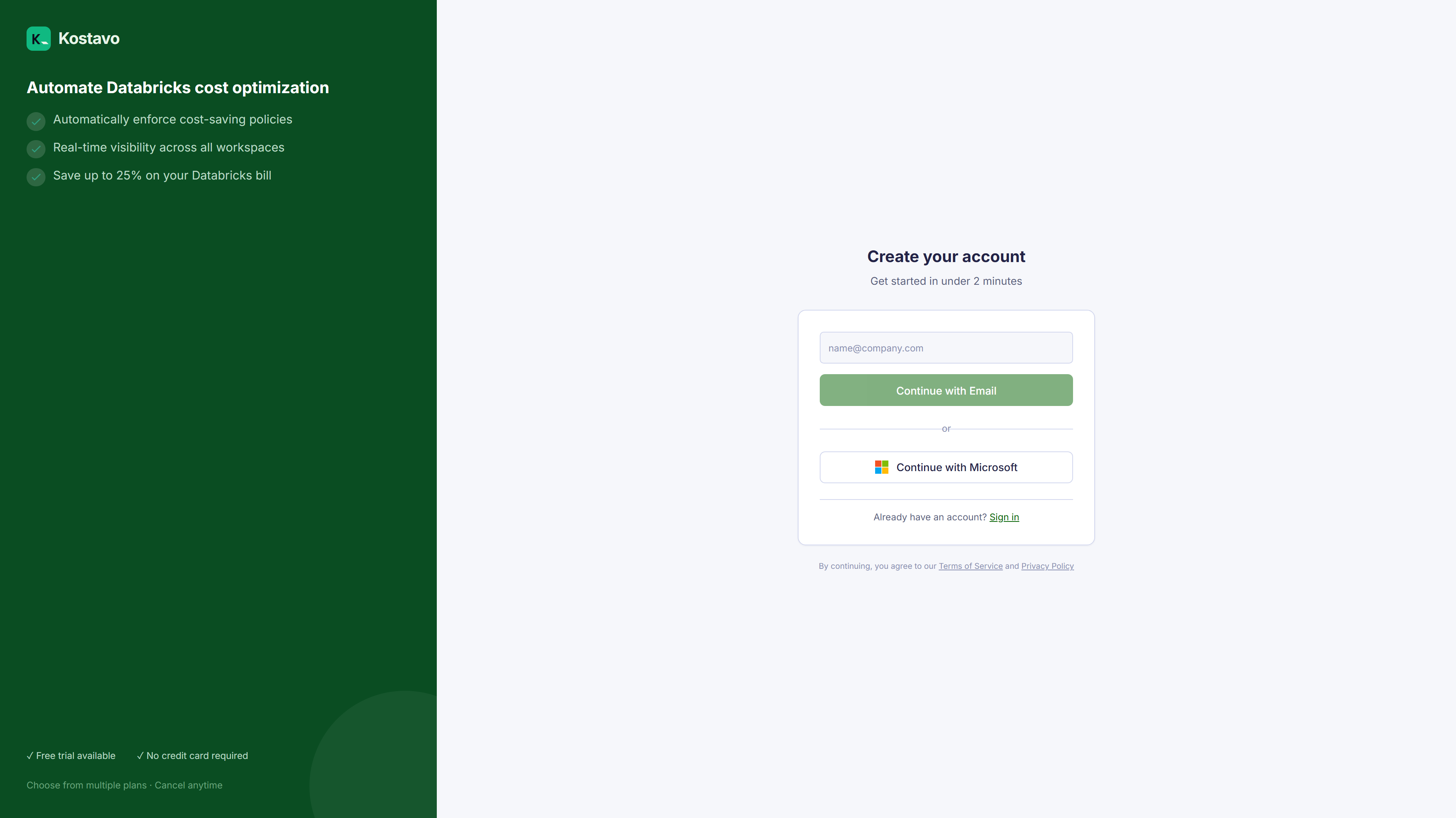 The signup page with email and Microsoft options