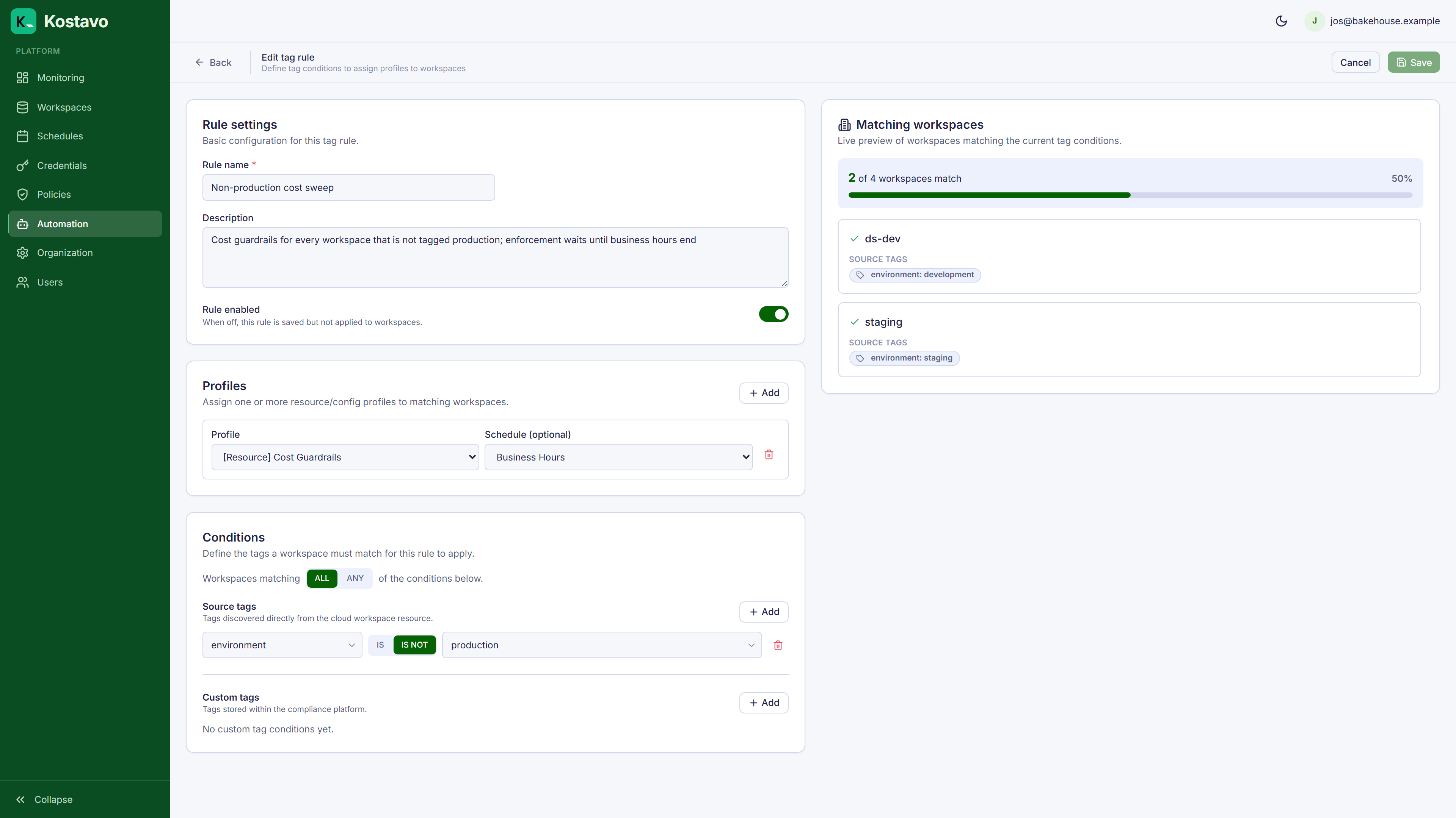 The tag rule editor with conditions, match mode, and the live workspace match preview