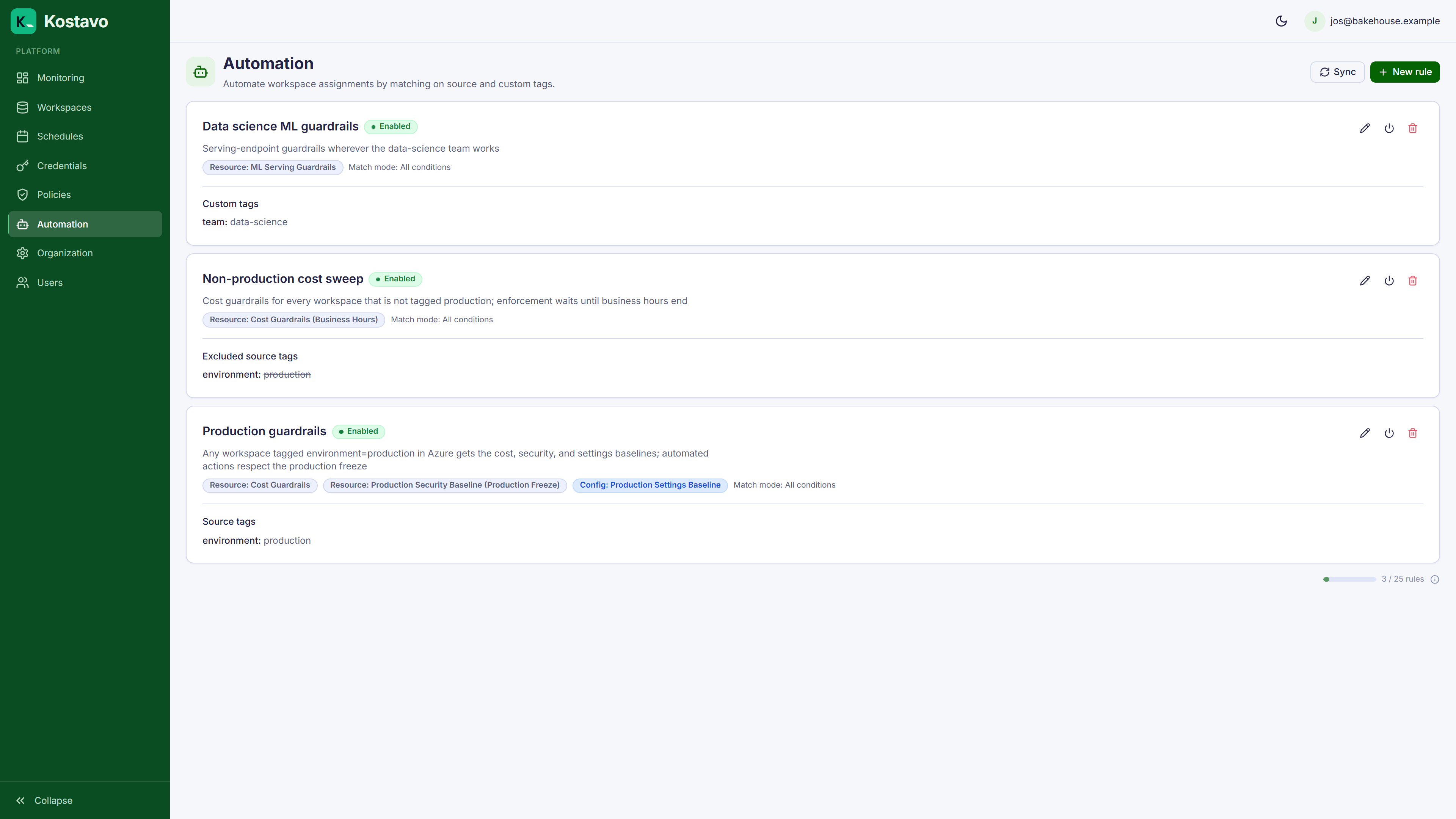 The tag rules page listing automation rules and their matched workspaces