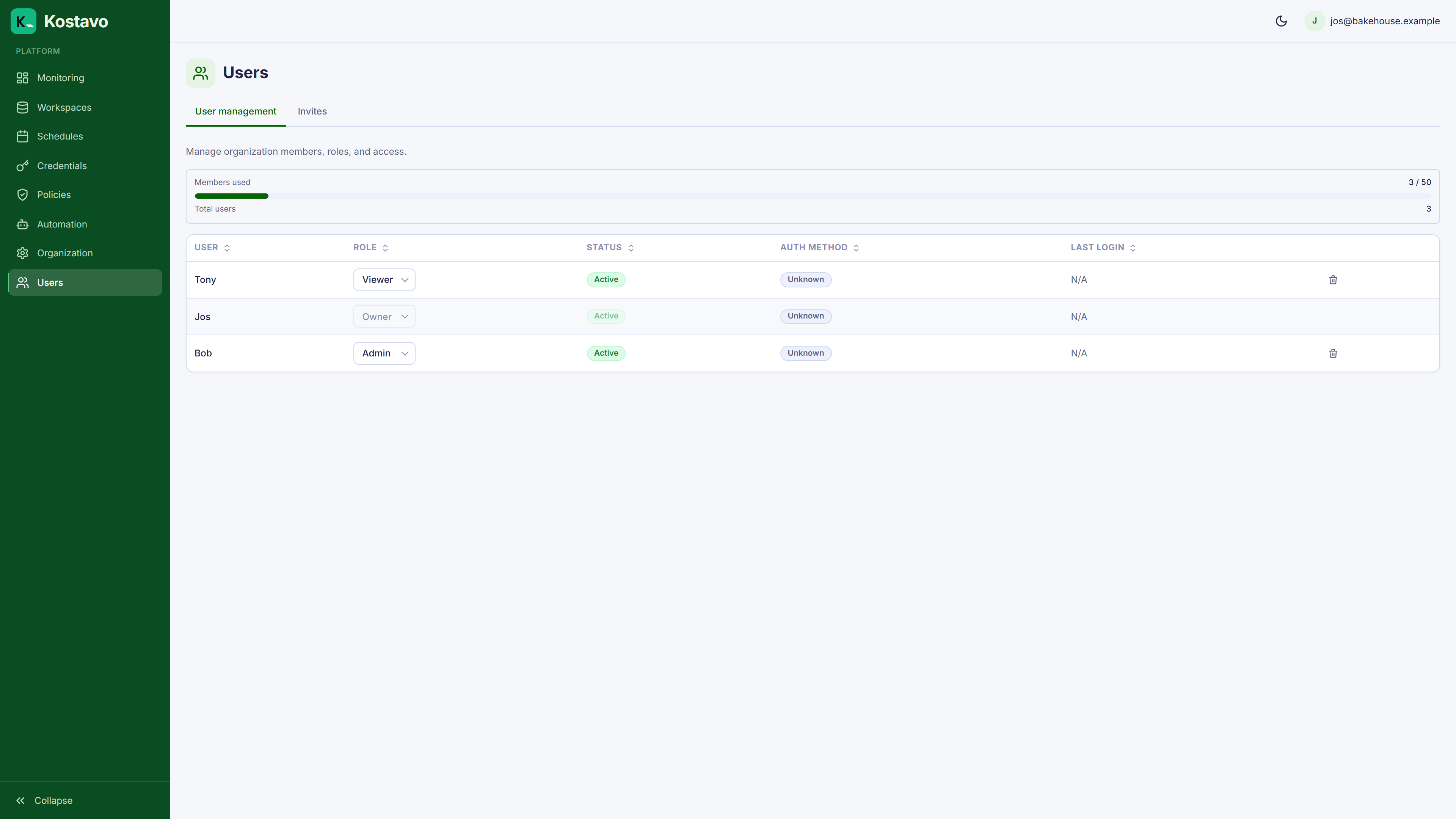 The user management page with roles, status, and auth method per member
