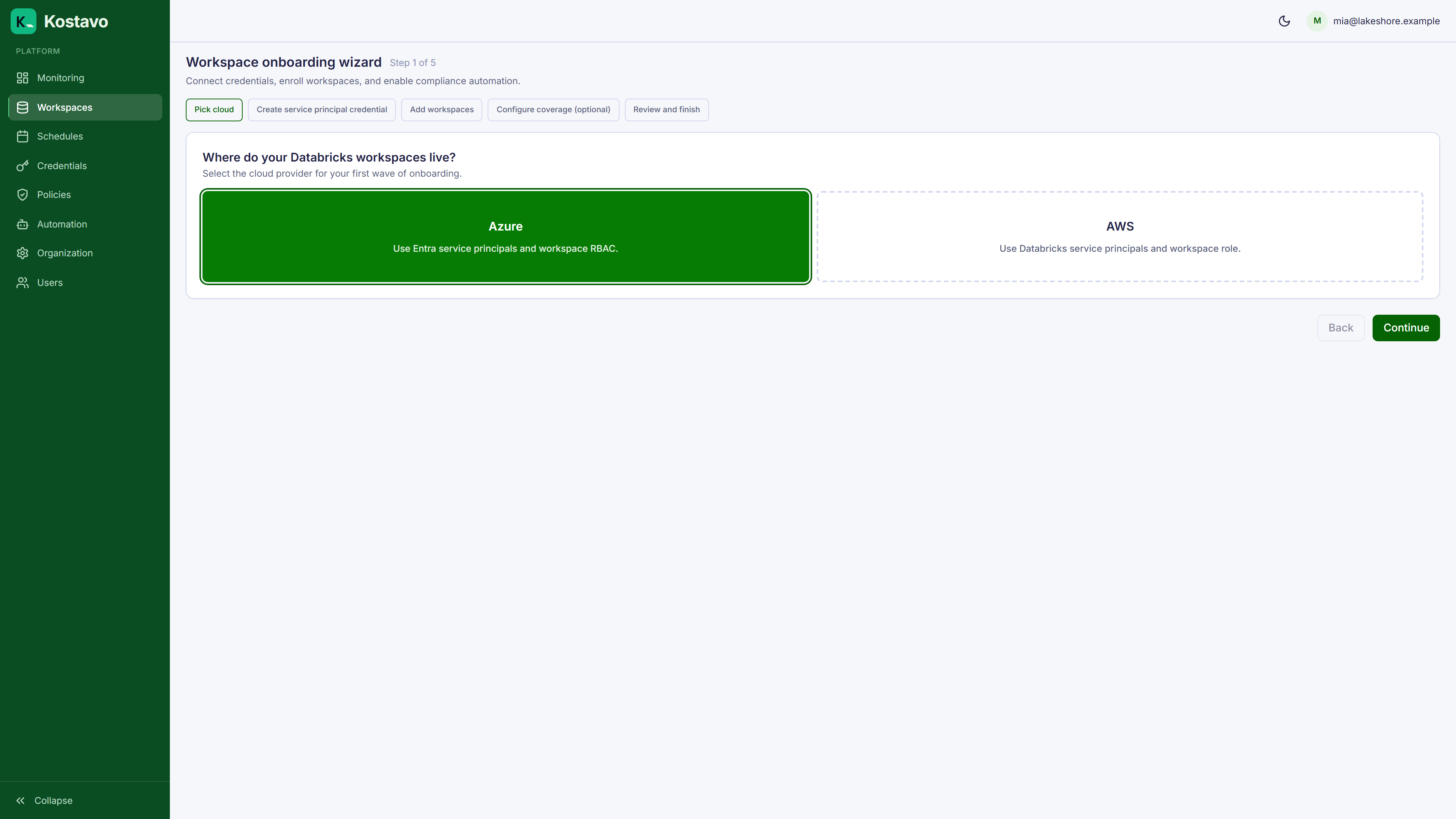 Step 1 of the onboarding wizard: picking the cloud provider