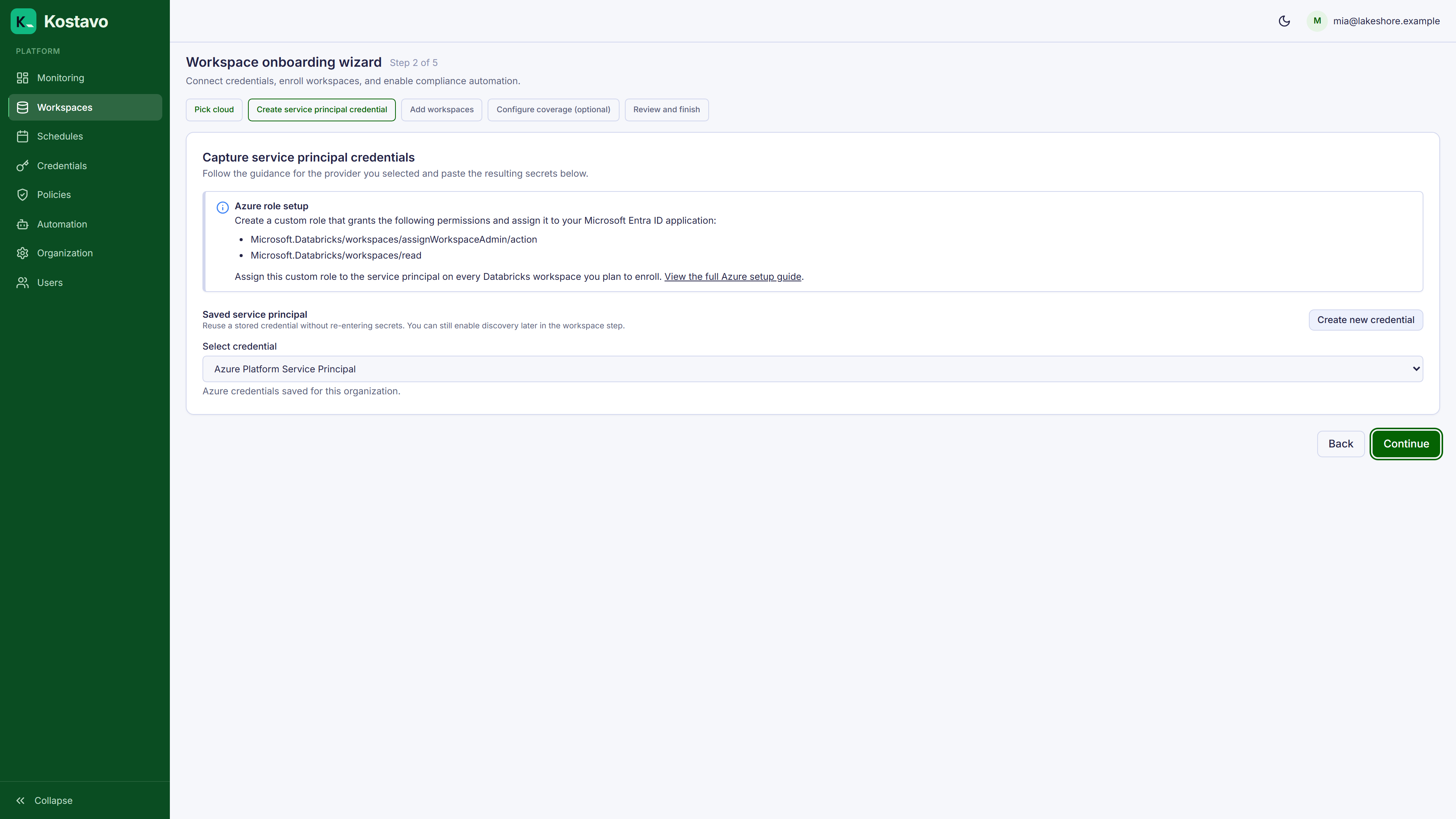 Step 2 of the onboarding wizard: selecting the existing credential