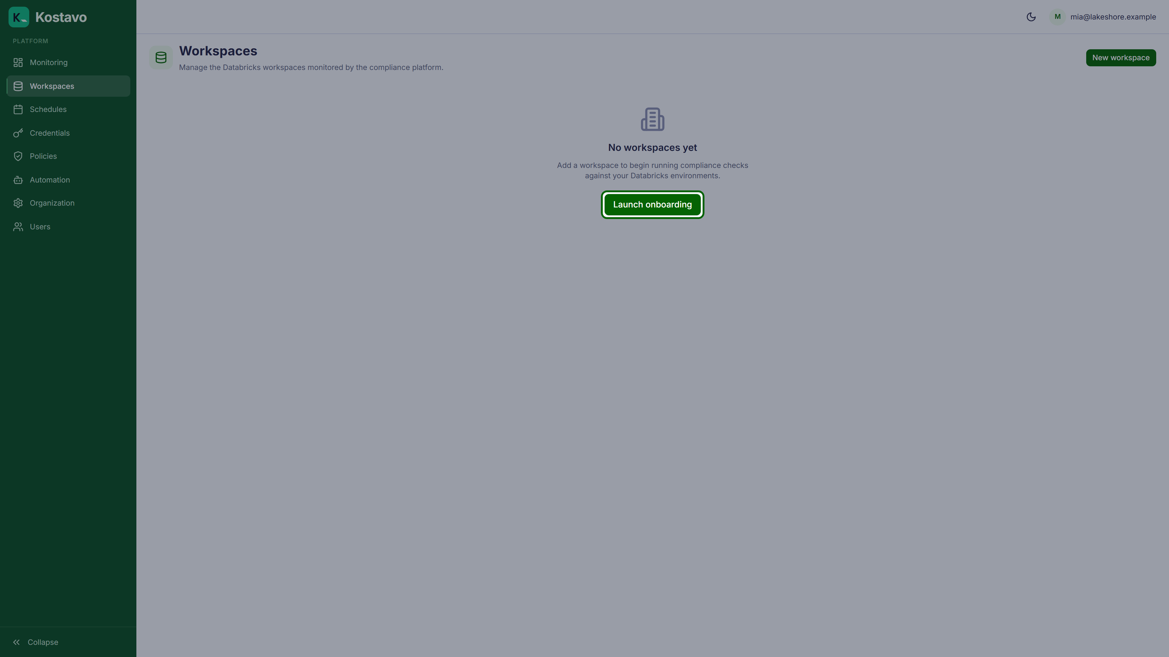 The empty workspaces page with the onboarding entry point highlighted