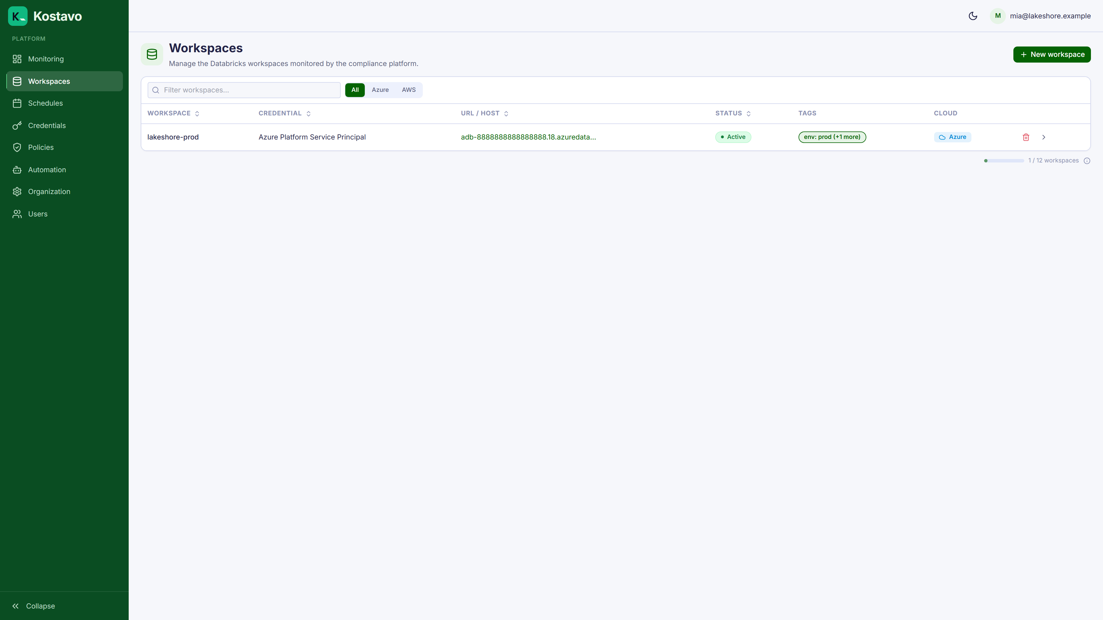 The workspaces page with the first enrolled workspace